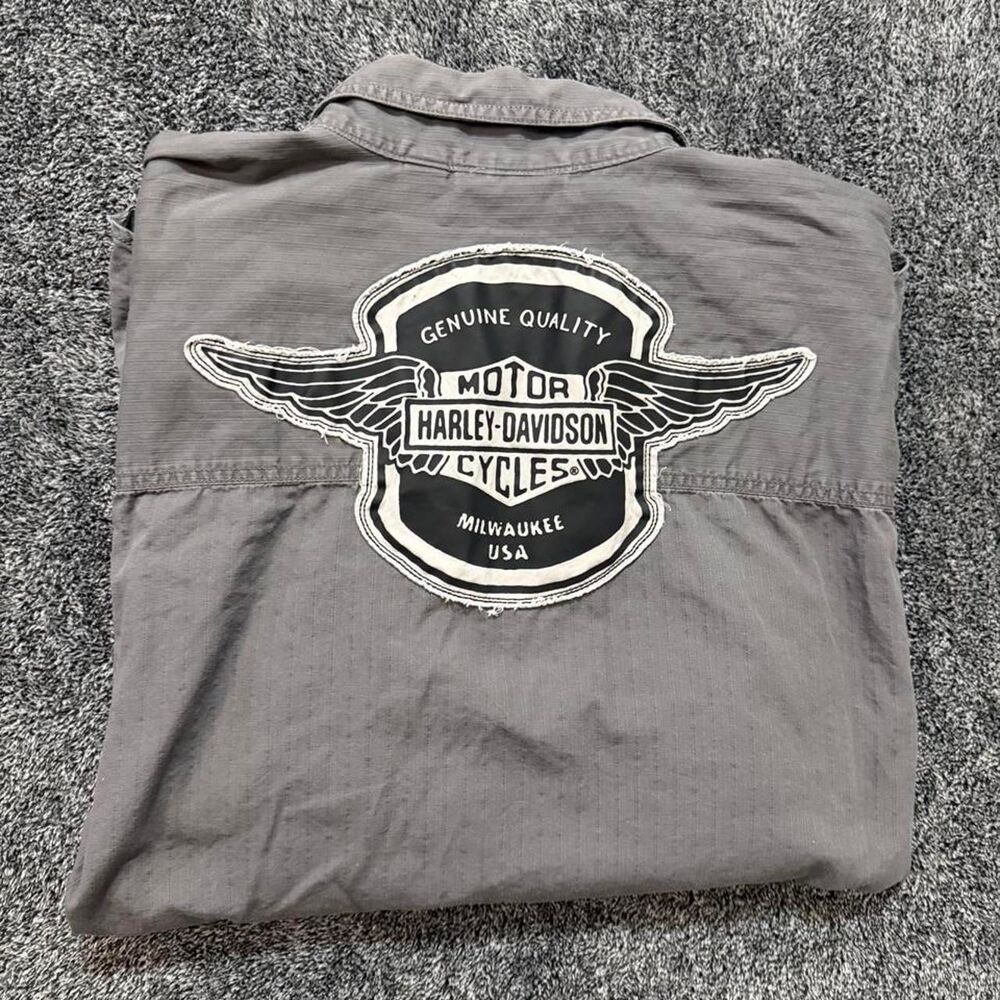 Y2K 00s Harley Davidson gray button up Winged embroidered work shirt size XXL